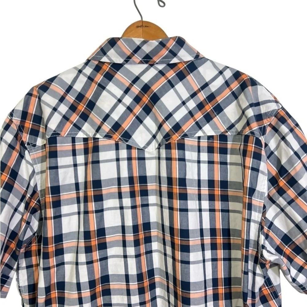 True Religion Shirt Mens 2XL Brown White Plaid Button Western Pearl Snap Casual